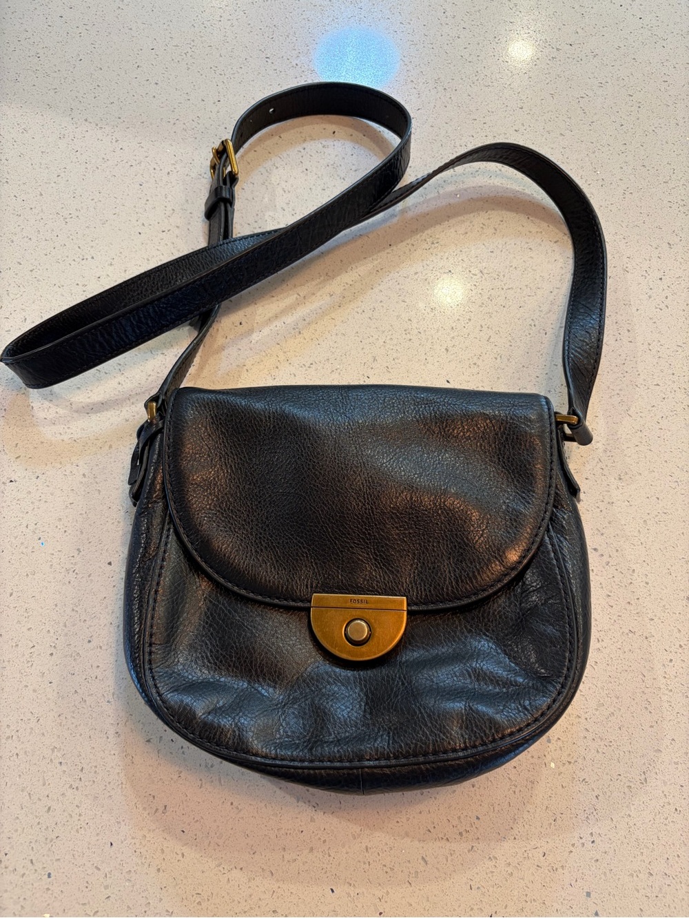 Fossil Black Leather Crossbody with Brass snap lock closure